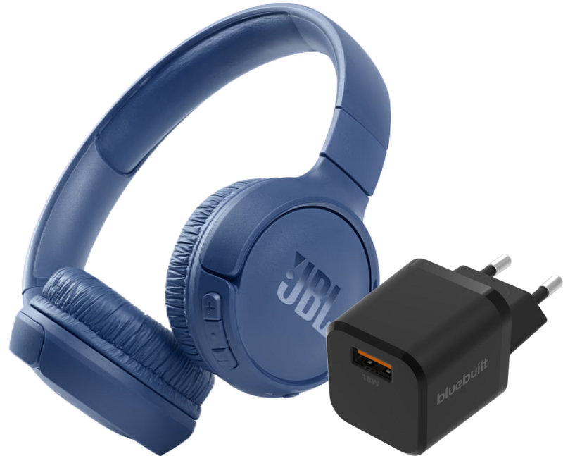 JBL Tune 510BT Blauw + BlueBuilt Quick Charge Oplader met Usb A Poort 18W Zwart