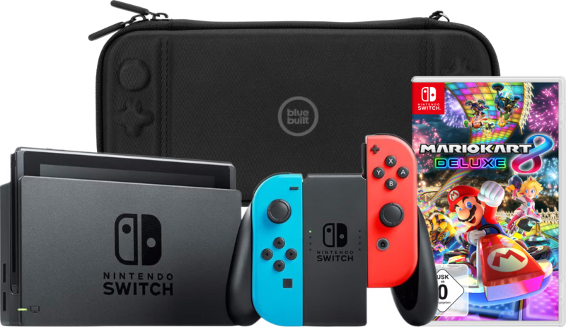 Nintendo Switch Rot/Blau + Mario Kart 8 Deluxe + Bluebuilt Schutzhülle