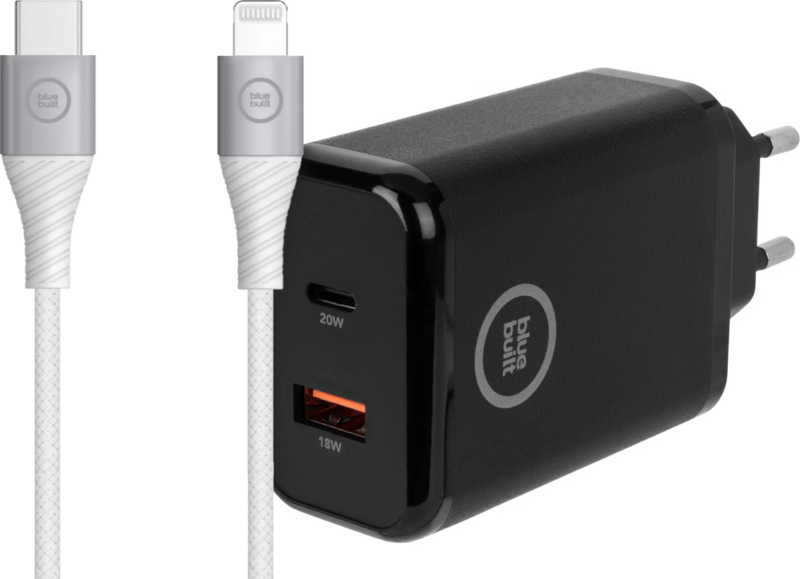 BlueBuilt Snellader met 2 Usb Poorten 20W Zwart + Usb C naar Lightning Kabel 1,5m