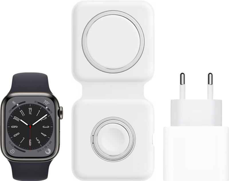 Apple Watch Series 8 4G 41mm Grafiet Rvs Midnight Sportband + MagSafe Oplaadpakket