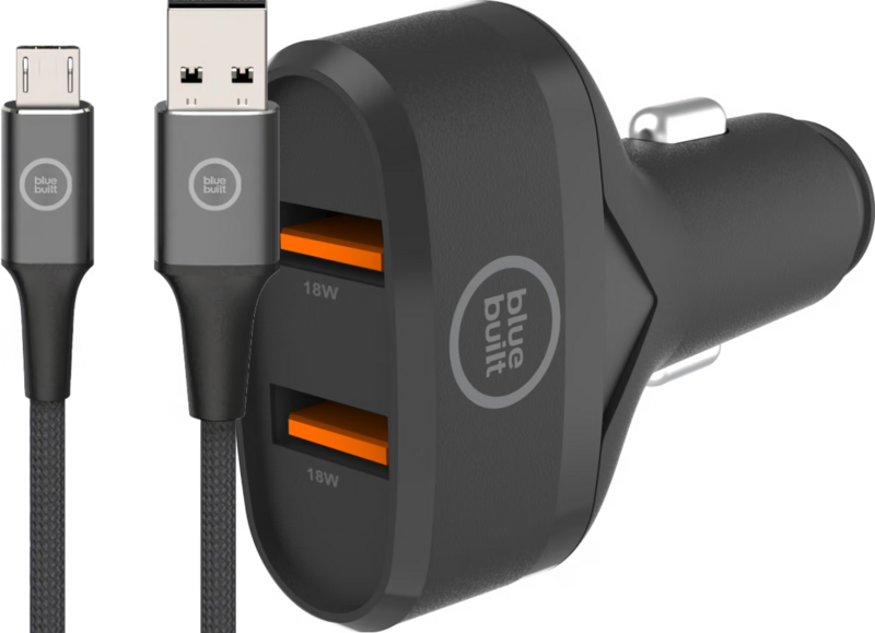 BlueBuilt Quick Charge Autolader 18W Zwart + Usb C Kabel 1,5m Nylon Zwart