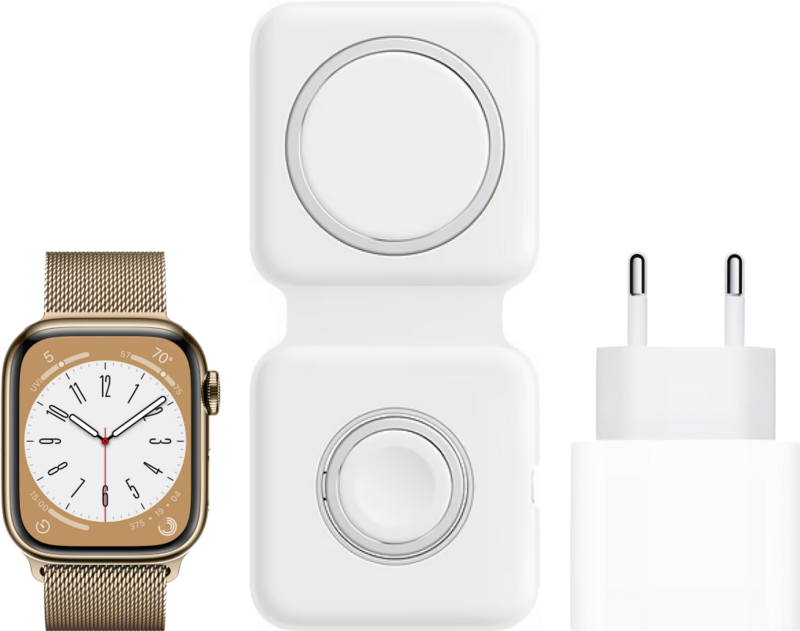 Apple Watch Series 8 4G 41mm Goud Rvs Milanese Polsband + MagSafe Oplaadpakket