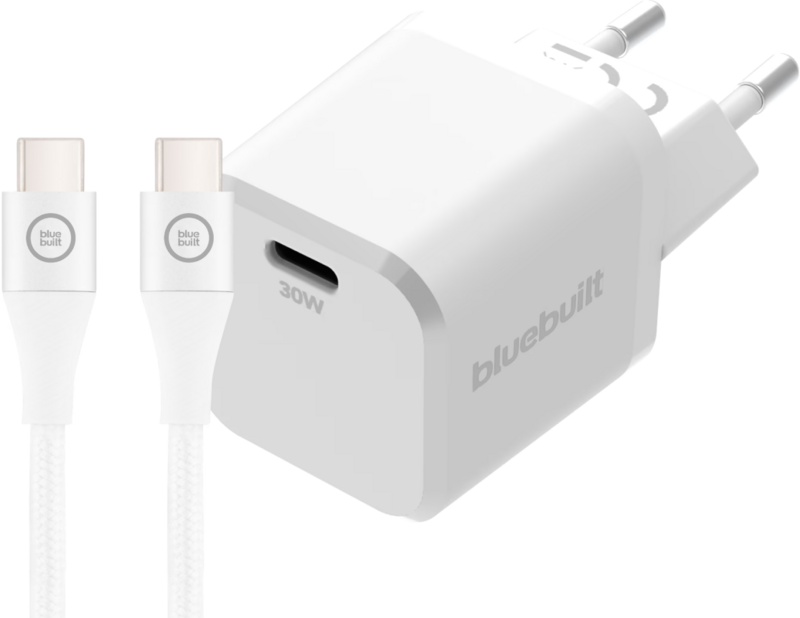 BlueBuilt Power-Delivery-Ladegerät 30 W + USB-C-Kabel 3 m Nylon Weiß