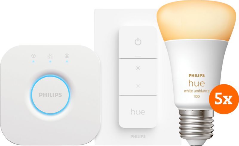 Philips Hue White Ambiance E27 Fünferpack + Dimmer + Bridge