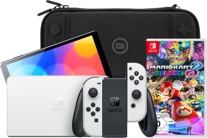 Nintendo Switch OLED Weiß + Mario Kart 8 Deluxe + Bluebuilt Schutzhülle