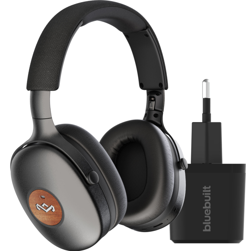 House of Marley Positive Vibration XL ANC Schwarz + BlueBuilt Quick-Charge-Ladegerät mit USB-A