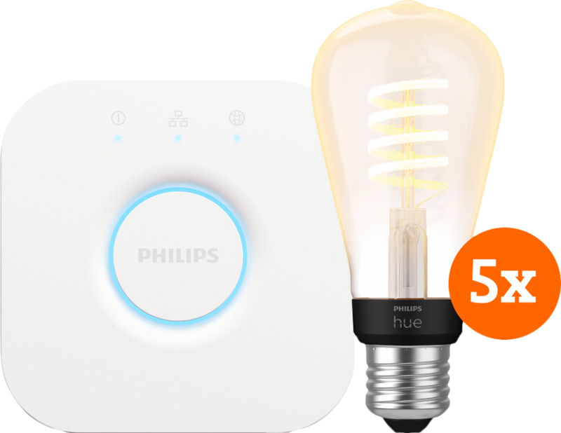 Philips Hue Filament White Ambiance Edison 5-Pack + Bridge