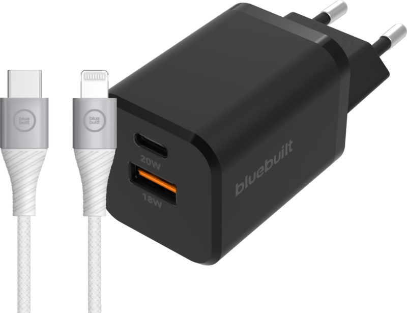 BlueBuilt Schnellladegerät mit zwei USB-Ports 38 W Schwarz + Lightning-Kabel 1,5 m