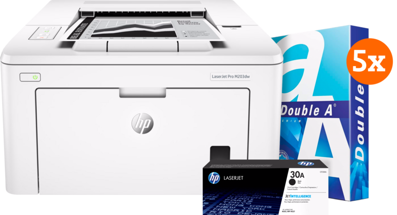 HP LaserJet M203dw + 1 extra zwarte toner + 2.500 vellen A4 papier