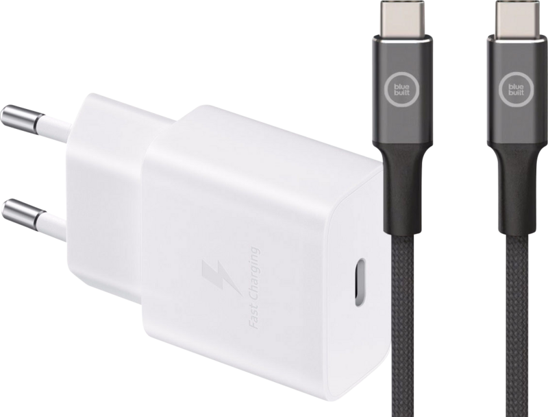 Samsung Power Delivery Oplader 15W Wit + BlueBuilt Usb C Kabel 1,5m Nylon Zwart