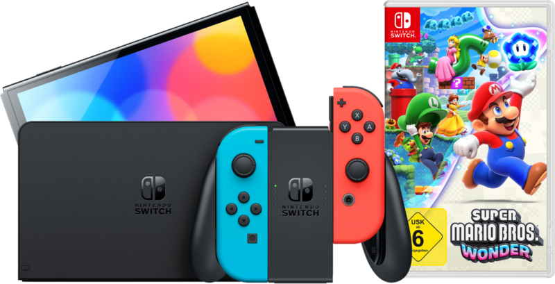 Nintendo Switch OLED Rot/Blau + Super Mario Bros. Wonder