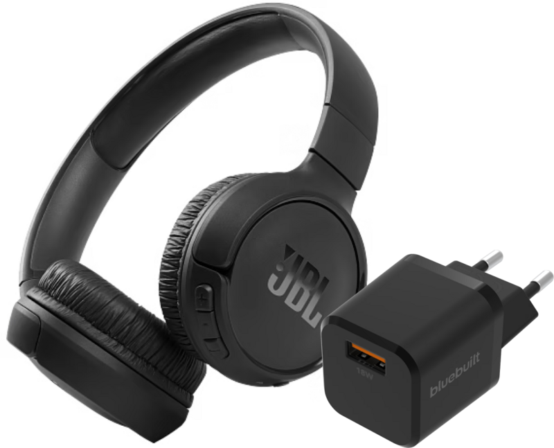 JBL Tune 510BT Schwarz + BlueBuilt Quick-Charge-Ladegerät mit USB-A-Port 18 W Schwarz