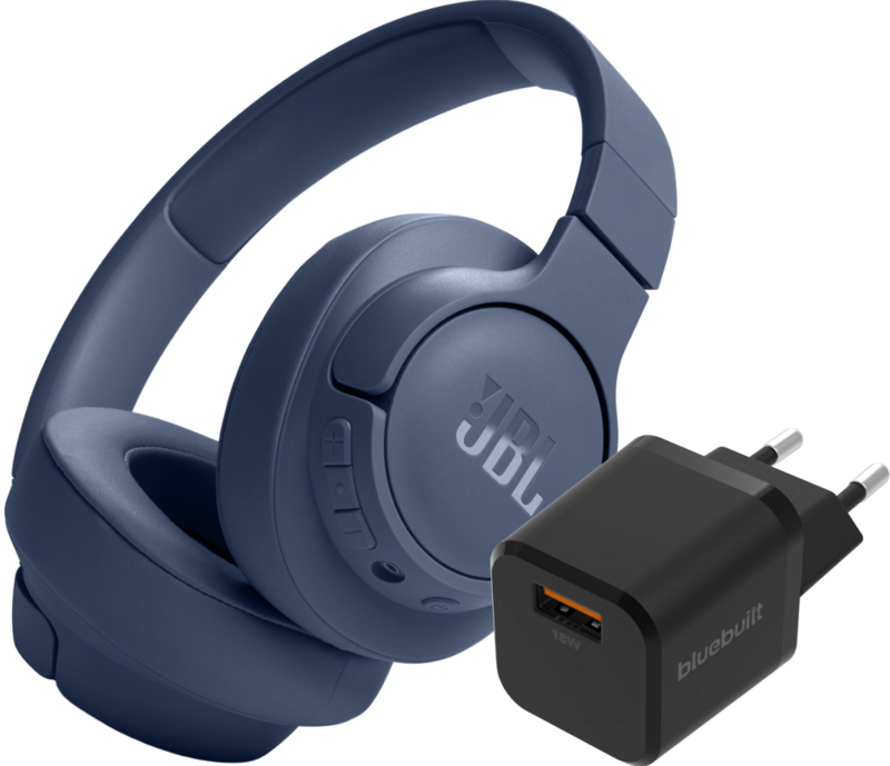 JBL Tune 720BT Blauw + BlueBuilt Quick Charge Oplader met Usb A Poort 18W Zwart