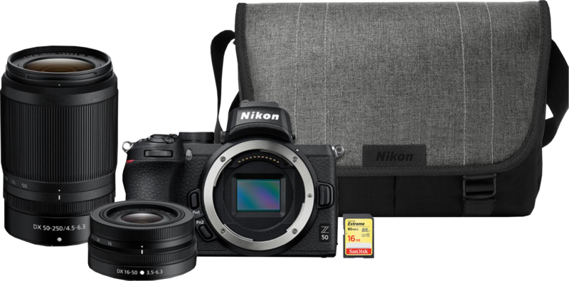 Nikon Z50 + 16-50 mm + 50-250 mm + Tasche + 16 GB Speicherkarte