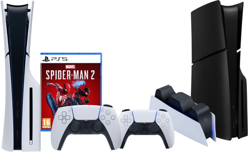 PS5 Slim Disc Edition + Spider-Man 2 + Covers Zwart + Extra Controller + Oplaadstation