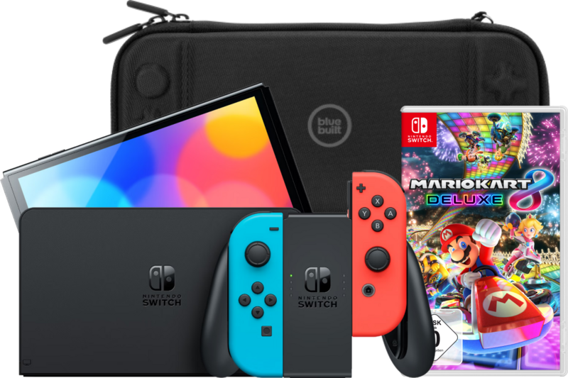 Nintendo Switch OLED Blau/Rot + Mario Kart 8 Deluxe + Bluebuilt Travel Case