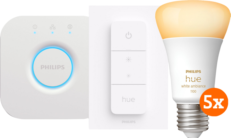 Philips Hue White Ambiance E27 5-pack + dimmer + bridge