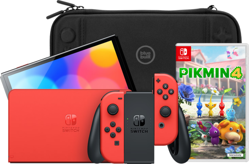 Nintendo Switch OLED Super Mario Editie + Pikmin 4 + BlueBuilt Beschermhoes