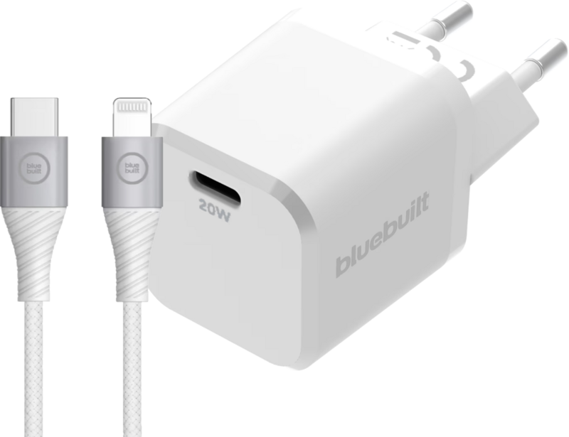 BlueBuilt Power-Delivery-Ladegerät 20 W + Lightning-Kabel 1,5 m Nylon Weiß