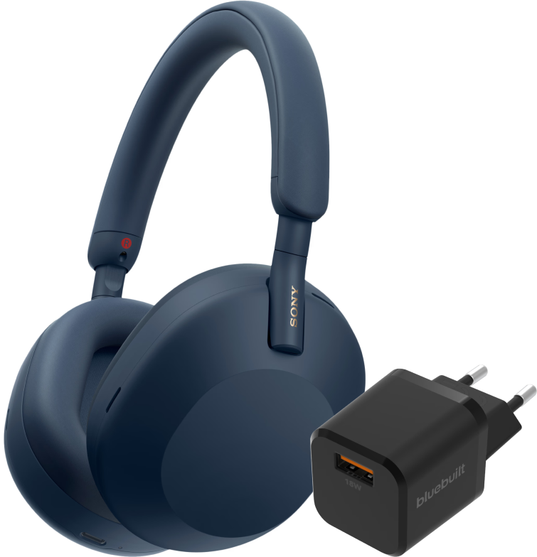 Sony WH-1000XM5 Blauw + BlueBuilt Quick Charge Oplader met Usb A Poort 18W Zwart