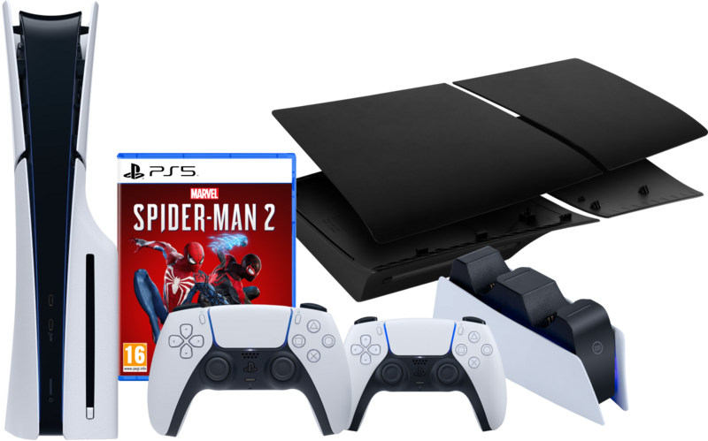 PS5 Slim mit Laufwerk + Spider-Man 2 + Schwarze Covers + Zusätzlicher Controller + Ladestation