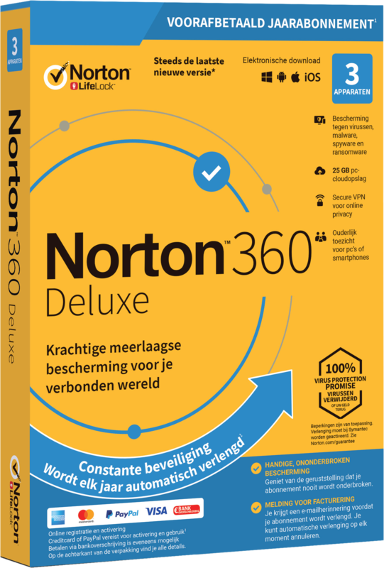 Norton 360 Deluxe 2020  3 Apparaten  1 Jaar  25GB  Windows/MAC/Android/iOS