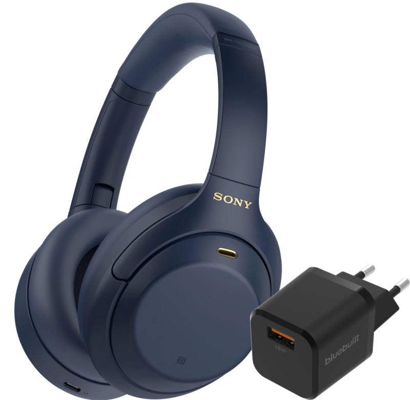 Sony WH-1000XM4 Blauw + BlueBuilt Quick Charge Oplader met Usb A Poort 18W Zwart