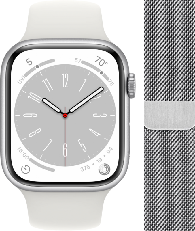 Apple Watch Series 8 4G 45mm Zilver Aluminium Witte Sportband + Polsband Milanees Zilver