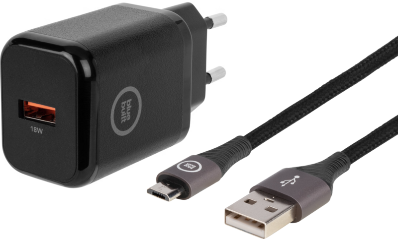 Bluebuilt Quick Charge Oplader 18W + Micro Usb Kabel Nylon Zwart 1,5m