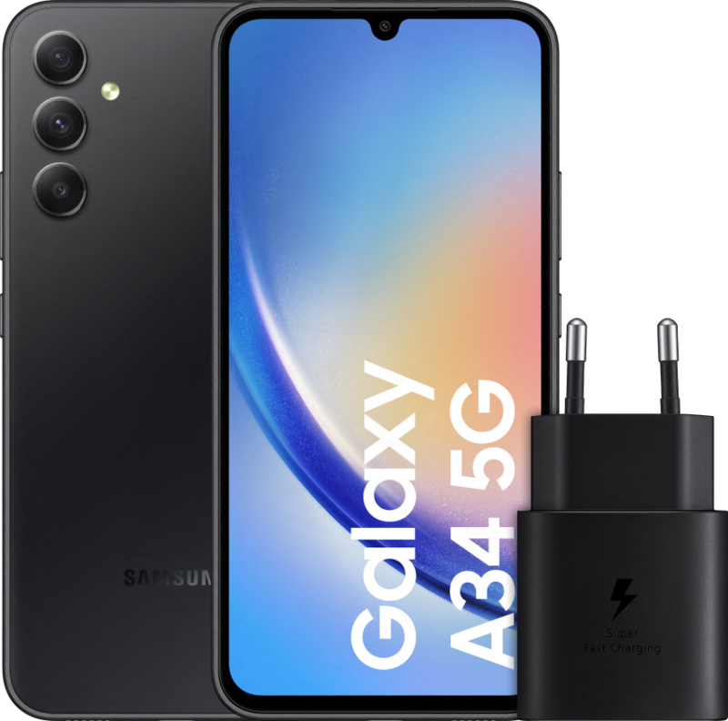 Samsung Galaxy A34 128GB Zwart 5G + Samsung Snellader Zwart