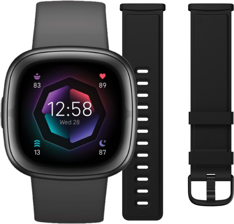 Fitbit Sense 2 Zwart + Leren Bandje Zwart L