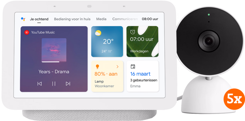 Google Nest Cam Indoor Wired 5-pack + Google Nest Hub 2