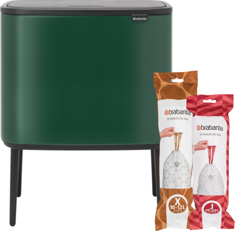 Brabantia Bo Touch Bin Mülleimer 11 + 23 Liter Pine Green + Müllsäcke (320 Stück)