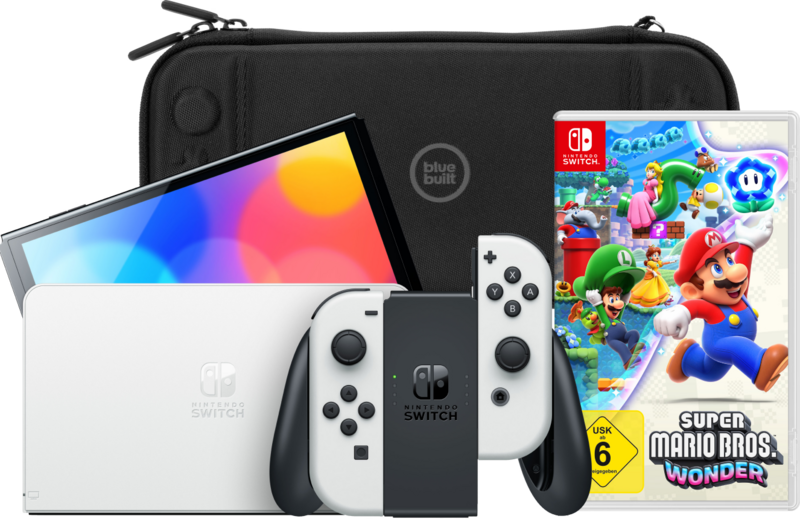 Nintendo Switch OLED Weiß + Super Mario Bros. Wonder + BlueBuilt Schutzhülle