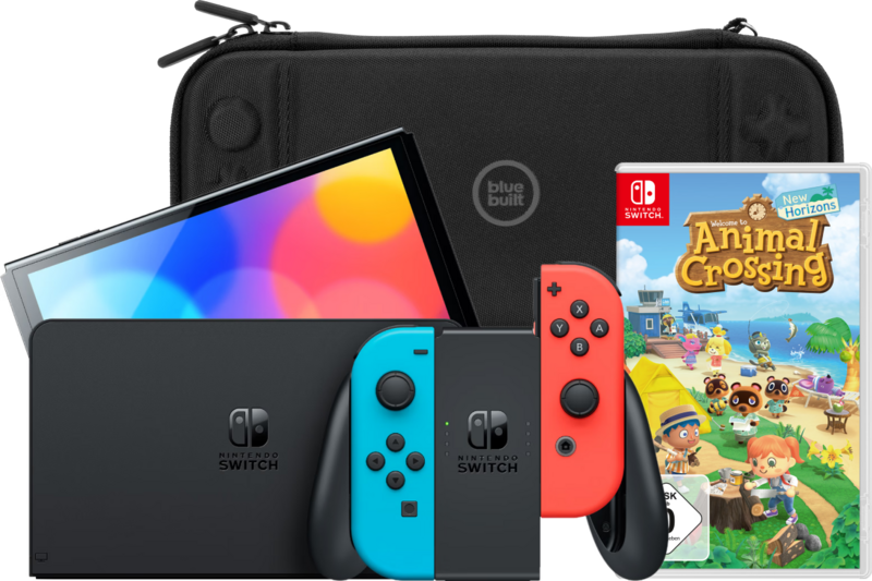 Nintendo Switch OLED Blau/Rot + Animal Crossing New Horizons + Bluebuilt Travel Case