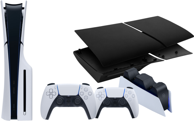 PlayStation 5 Slim mit Laufwerk + Schwarze Covers + Zusätzlicher Controller Weiß + Ladestation