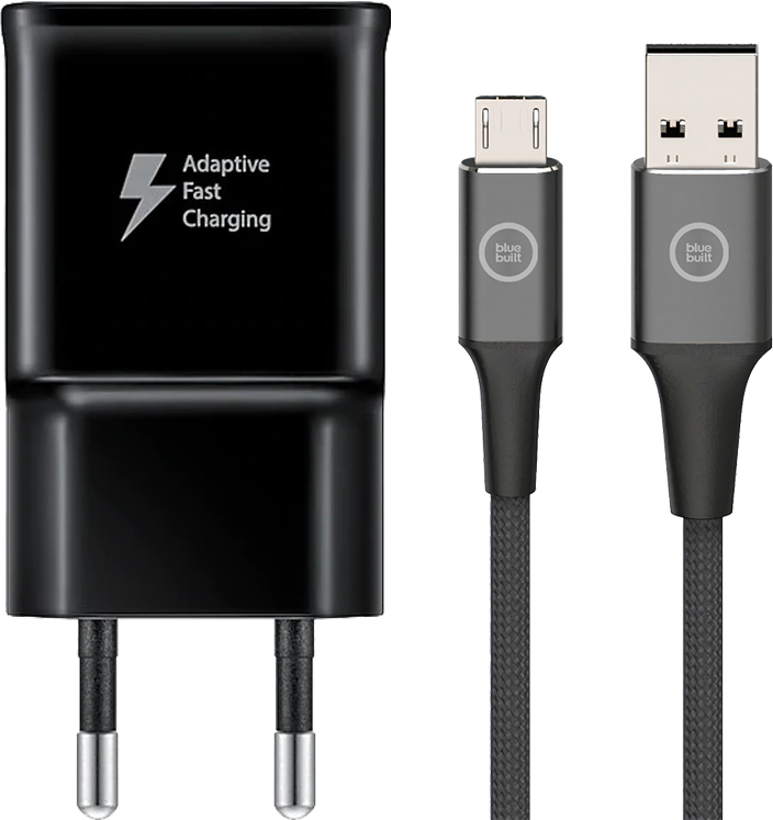 Samsung Adaptive Fast Charging Oplader 15W + BlueBuilt Micro Usb Kabel 1,5m Nylon Zwart