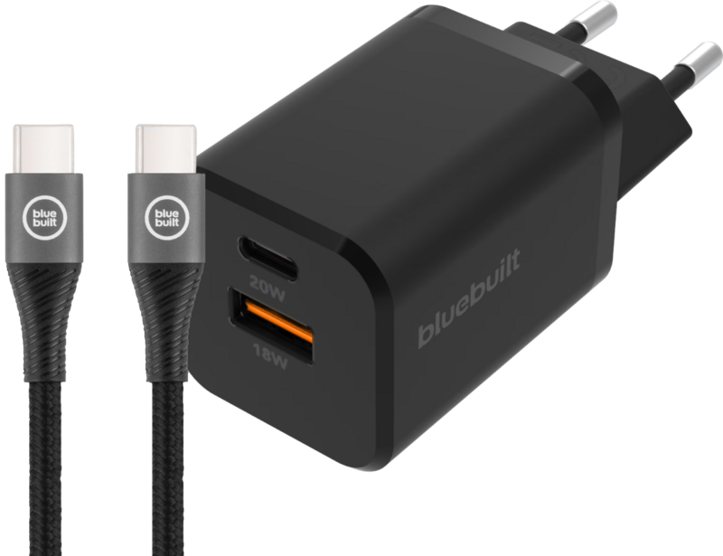 BlueBuilt Snellader met 2 Usb Poorten 20W Zwart + Lightning Kabel 1,5m