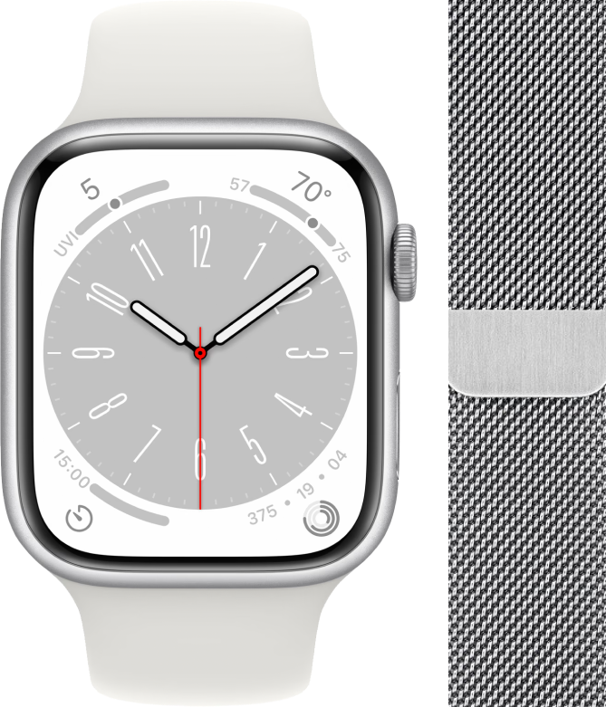 Apple Watch Series 8 41mm Zilver Aluminium Witte Sportband + Polsband Milanees Zilver