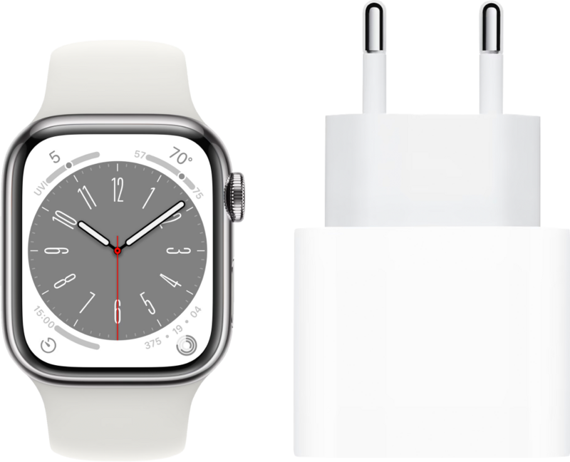 Apple Watch Series 8 4G 41mm Zilver Rvs Witte Sportband + Oplader