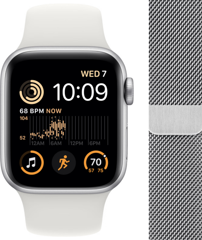 Apple Watch SE (2022) 4G 44mm Zilver Aluminium Witte Sportband + Polsband Milanees Zilver