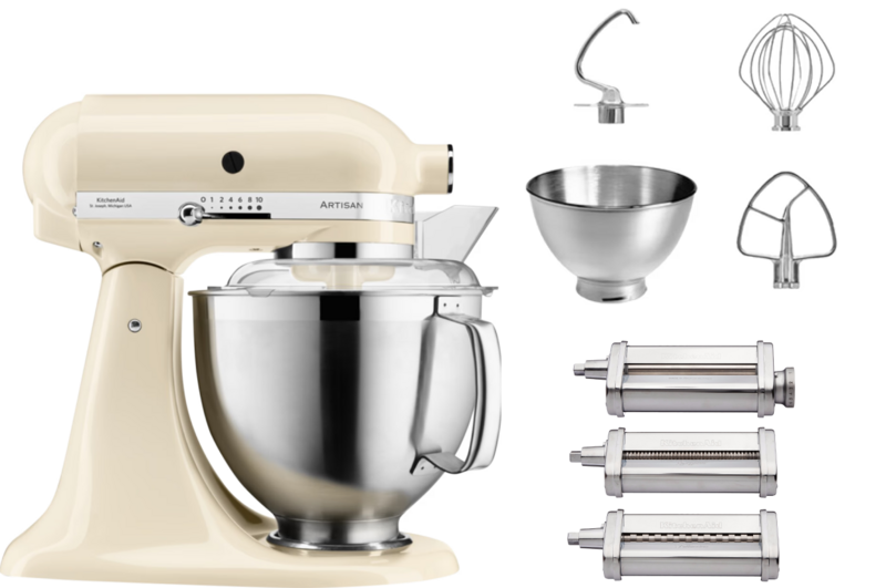 KitchenAid 5KSM185PSEAC Amandelwit + Pastaroller en -snijderset (3-delig)