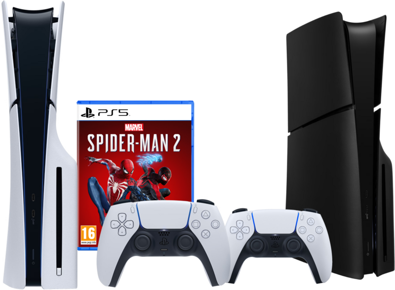 PlayStation 5 Slim Disc Edition + Spider-Man 2 + Covers Zwart + Extra Controller Wit