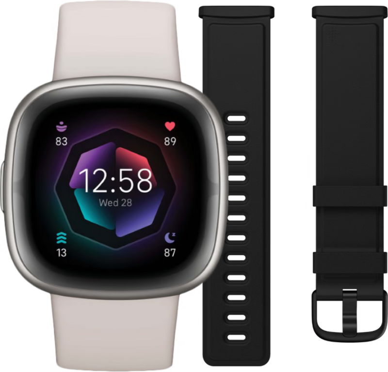 Fitbit Sense 2 Zilver/Wit + Leren Bandje Zwart L