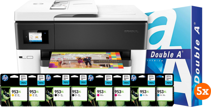 HP Officejet 7740 + 2 set extra inkt + 2500 vellen A4 papier