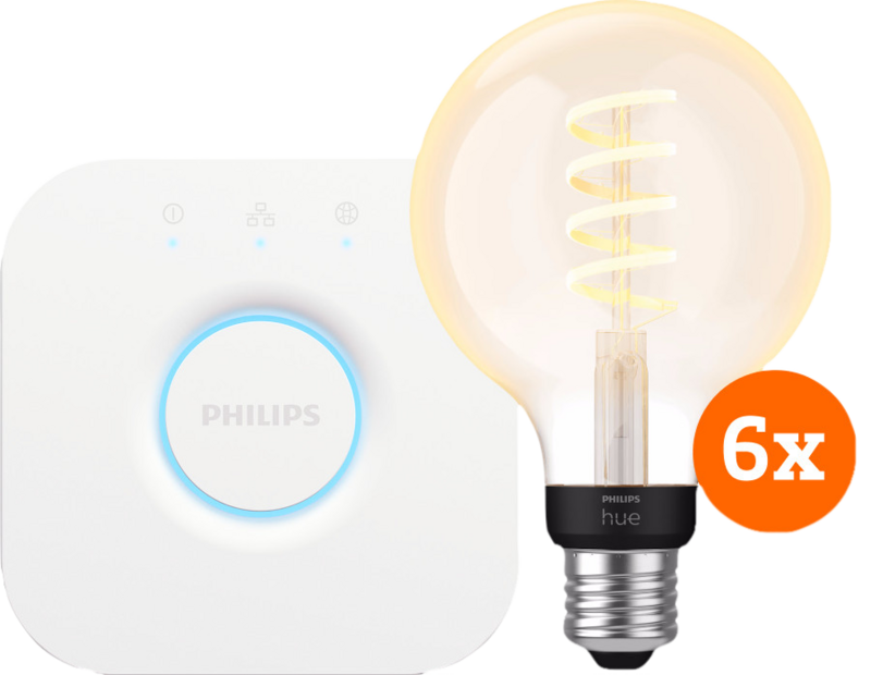 Philips Hue Filament White Ambiance Globe 6-Pack + Bridge