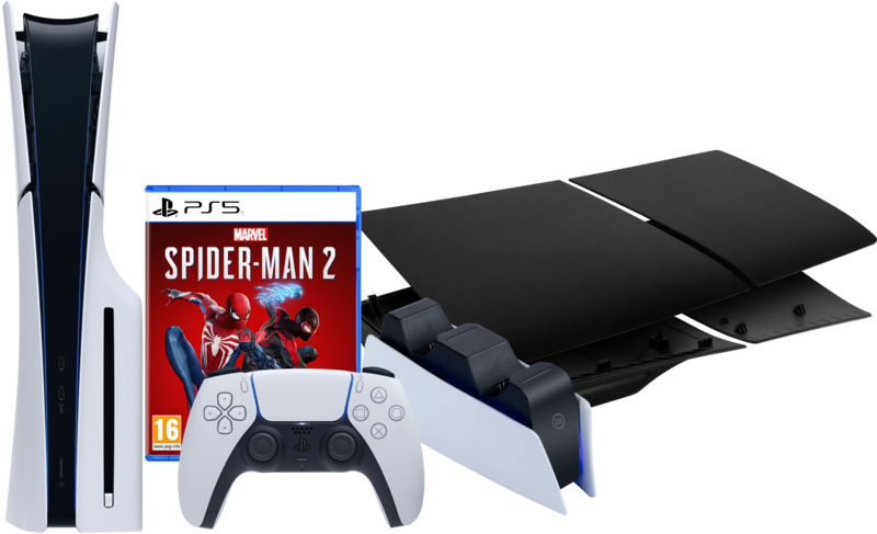 PlayStation 5 Slim Disc Edition + Spider-Man 2 +  Covers Zwart + Oplaadstation