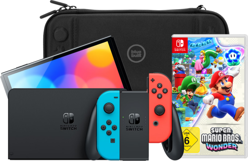 Nintendo Switch OLED Rot/Blau + Super Mario Bros. Wonder + BlueBuilt Schutzhülle