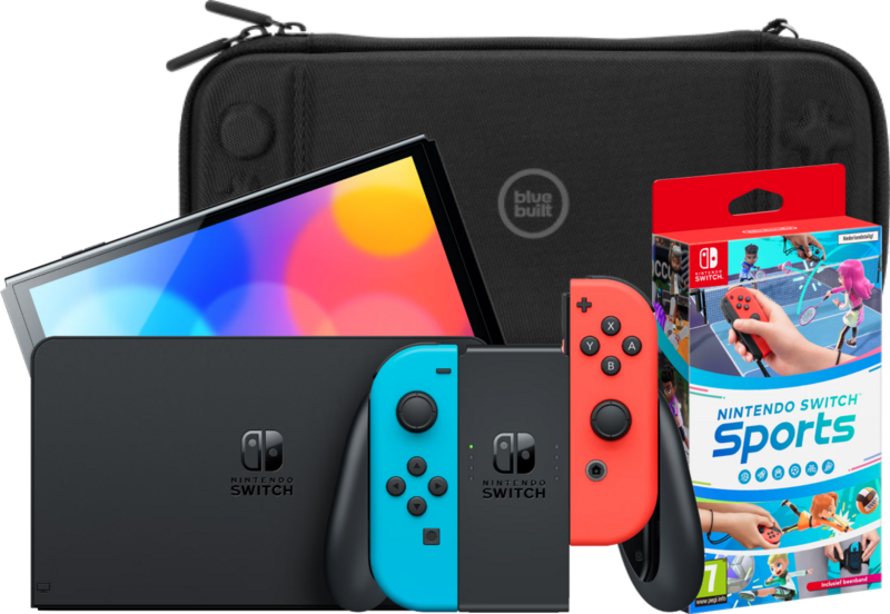 Nintendo Switch OLED Blau/Rot + Nintendo Switch Sports + Bluebuilt Travel Case