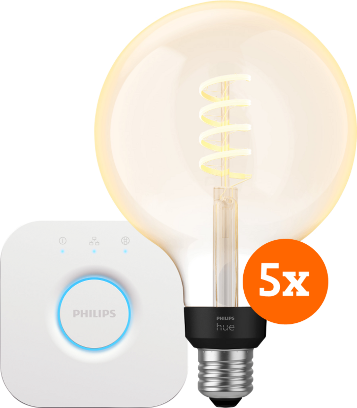 Philips Hue Filament White Ambiance Globe XL Fünferpack + Bridge